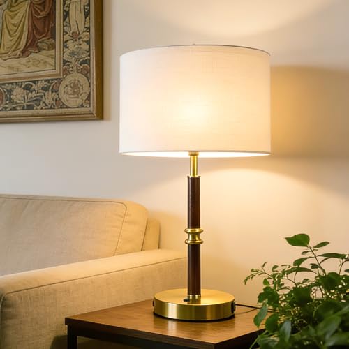 Image of Table Lamp for Bedroom with USB & AC Outlet, Bulb Not Included | 19.3 inch Wood & Metal Mid Century Lamps Table Lamp for Living Room,Bedside Table Lamp with Linen Shade, Weighted Base,Home Decor