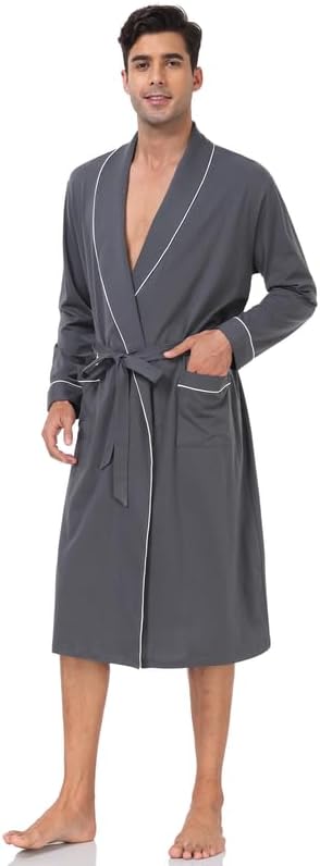 CF Men's 100% Cotton Robe Lightweight Bathrobe Long Sleeve Knit Kimono Sleepwear Soft Knee Length Shower Robe with Pockets - Image 5