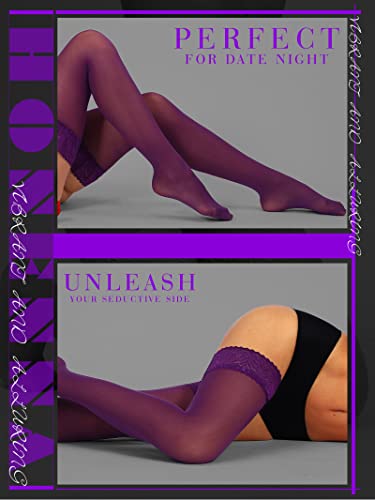 Image of HONENNA Semi Sheer Stay Up Lingerie Thigh High Stockings Lace Top Size A-F
