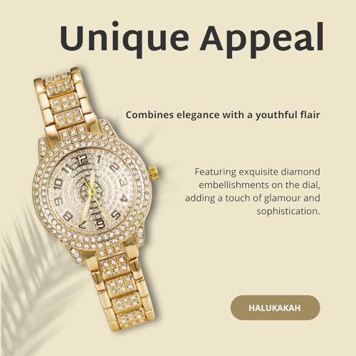 Image of Halukakah Diamonds Watch Iced Out for Boy Teens Kids - 18K Real Gold /Platinum Plated,Arabic Numerals Round Dial,Japanese Quartz - 7.7 inch Length - Optional with Cuban Link Chain - for Birthday,Parties
