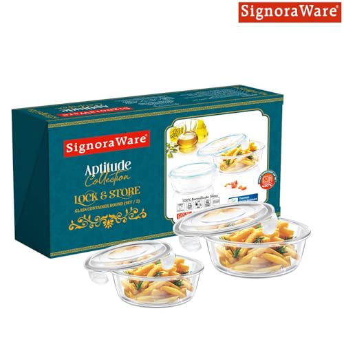Image of Signoraware Safe Store Glass Round Containers | Airtight & Leakproof | Microwave Safe | Ideal for Reheating, Baking or Serving, Office Lunch & Outdoor Activities (400ml+620ml | Setof2 | Clear)