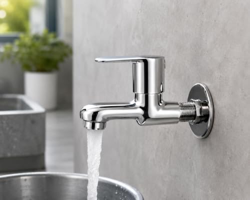 Image of Wall Mounted Bib Cock | Faucet for Bathroom, Kitchen Wash Basin and Utility Areas | Heavy Duty Brass Construction with Mirror Chrome Finish | Smooth Single Lever Water Tap for Residential