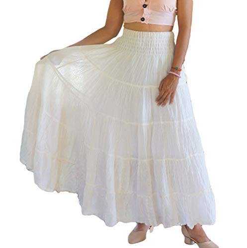 White Boho Gypsy Skirts for Women Long Tiered Cotton Full Flared Plain Solid Colors