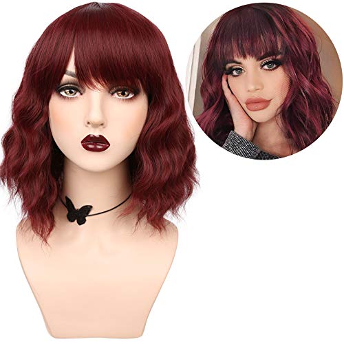 YOGFIT Wine Red Wigs with Bangs for Women 15 Inches Synthetic Curly Bob Wig for Girl Natural Looking Wavy Wigs