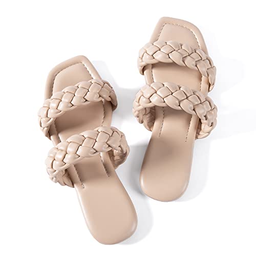 Image of Mtzyoa Women Flat Sandals Raffia Braided Summer Straw Dressy Casual Vacation Bohemian Cute Beach Comfy Slip On Slides