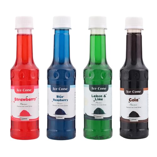 Jarabe para cono de hielo, jarabes de sabores populares mixtos, se puede usar con All Slush Machine Frambuesa azul, cola clásica, fresa, jarabe de granizado de lima-limón cada 250 ml (paquete de 4)