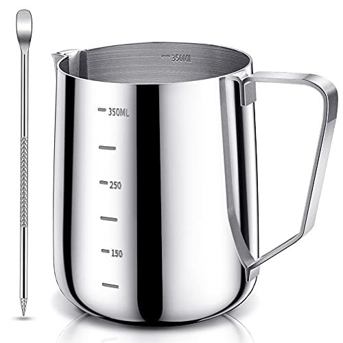 Listado de Jarritas para la leche los preferidos por los clientes. 45 SKM-MX Jarra para Espumar Leche 350ml Jarra de Leche de Acero Inoxidable Medidas en Ambos Interiores para Espumar Café Espresso y Leche Máquinas de Café Espresso(350ML)