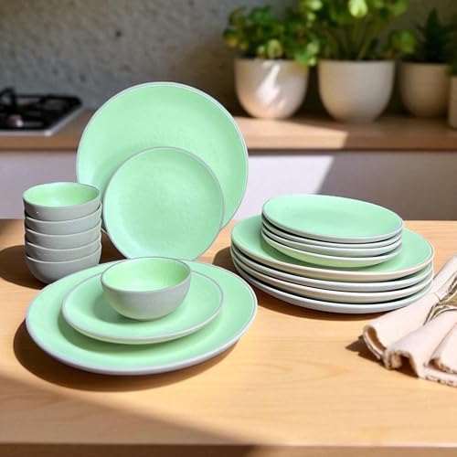 Image of Hand Painted Ceramic Dinnerware Set - 18 Pieces | 6 Dinner Plates, 6 Small Plates, 6 Katori Bowls | Earthy Mint | Microwave & Dishwasher Safe | Perfect for Home & Gifting