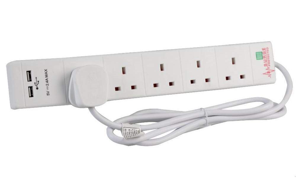 pro elec 5 Way Extension Lead with 2 x USB Socket, 2m In White