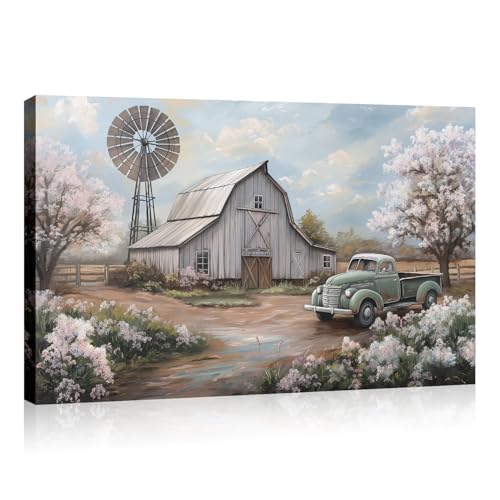 LYUNSHUO Farmhouse Wall Art Old Barn Canvas Print Windmill with Truck Picture Country Scenery Painting Vintage Artwork for Living Room Bedroom Office Modern Home Decor Frame(Art-12,12.00"x18.00")