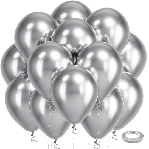Bezente Silver Metallic Chrome Latex Balloons 100 Pack 12 inch Silver Round Helium Balloons for Graduation Wedding Retirement Bridal Shower Birthday Bachelorette Engagement Party Decorations