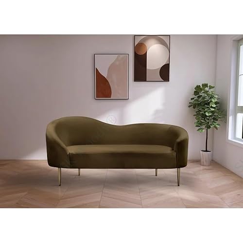 Image of Rosewood Luxury Curved Sofa in Premium Velvet-Fabric | Solid Wood Structure | High Density Foam | Sturdy Golden Legs | Comfortable & Stylish Couch for Modern Living Room (Brown, 2 Seater)