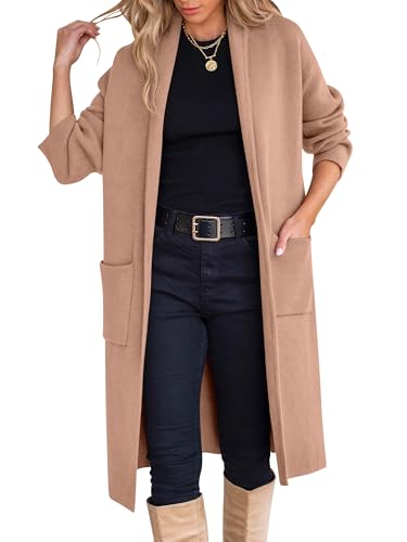 ANRABESS Women's Cardigan Long Sweater Oversized Open Front Knit Coatigan Duster Coat 2025 Trendy Fall Outfits Outerwear Light Camel X-Large