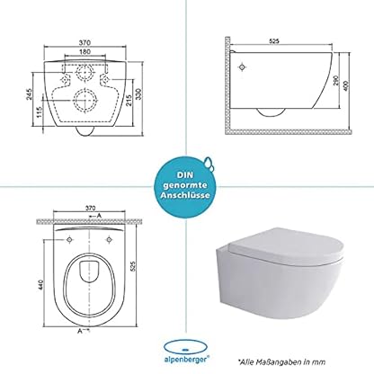 Alpenberger Hänge WC Set mit Bidet | Kloschüssel mit WC Sitz mit Absenkautomatik | Bidet für Intimdusche mit Hahnloch und Überlaufschutz | Sitzbad für Toilette | Passend Geberit – Bild 7