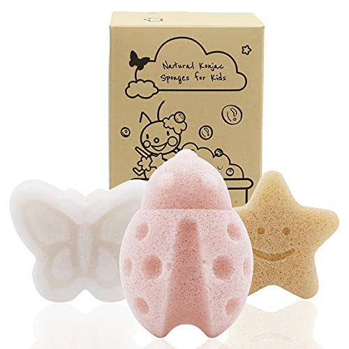 Image of myHomeBody Konjac Baby Sponge for Bathing, Cute Shapes Natural Kids Bath Sponges for Infants, Toddler Bath Time, Natural and Safe Plant-Based Toys, 3pc. Set: Butterfly, Ladybug, Star