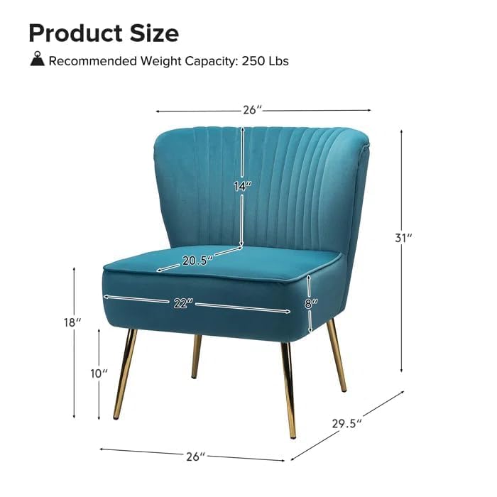 Image of Modern Upholstered Accent Velvet Chair Single Seater Channel Tufted Wing Back Chair with Golden Matel Legs for Living Room, Bedroom, Dining Room, Blue