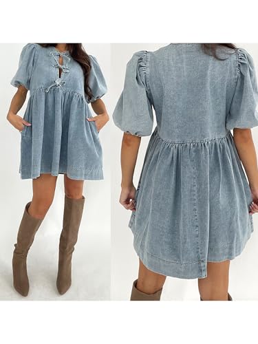 Image of Women Tie Front Denim Dress Round Neck Puff Sleeve A-line Mini Jean Dress with Pockets
