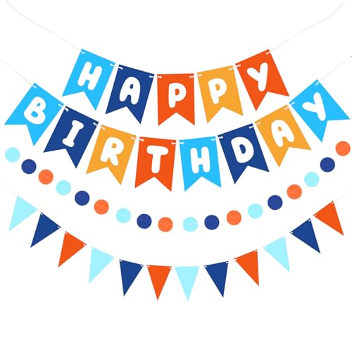 Image of Blue Orange Happy Birthday Banner Hanging Sign Circle Dot Triangle Bunting