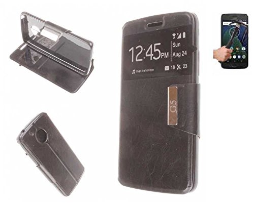 Todobarato24h Funda Libro Ventana Negra Motorola Moto G5 5 Pulgadas + Protector de Cristal Templado
