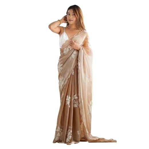 AKHILAM Women's Beige Shimmer Organza Sequence Embroidery Saree With Unstitched Blouse Piece