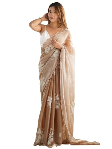 Image of AKHILAM Women's Shimmer Pure Georgette Embroidered Ready To Wear one Minute Saree With Unstitched Blouse Piece
