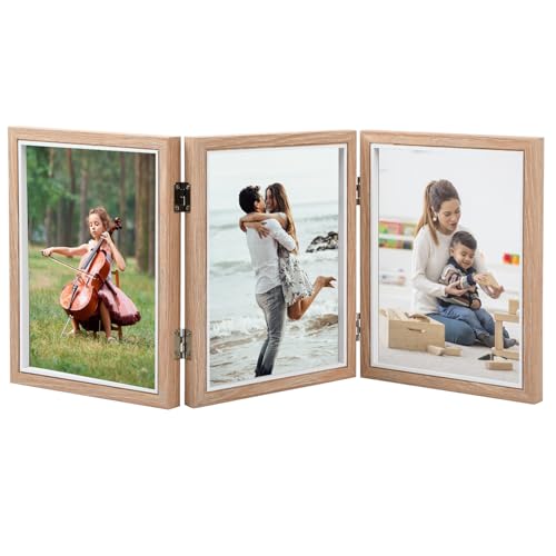 Ehuihuan Cadre Photo Triple, Cadre Photo Double en Bois Pliable, cadre Photos à Charnière pour le Bureau ou la Famille (Triple de 6 pouces)