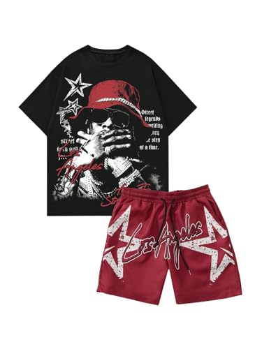 COZYEASE Men's 2 Piece Outfits Y2K Graphic Short Sleeve T Shirt and Drawstring Waist Shorts Set