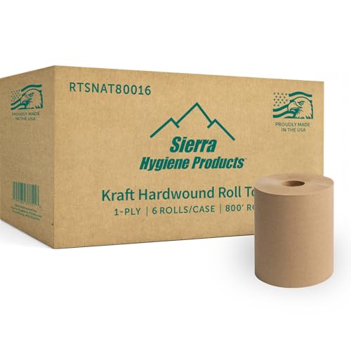 Sierra Hygiene 1-Ply Natural (Kraft) Roll Towels 8 x 800 Hardwound Universal Paper Towel Rolls for Commercial Restrooms Restaurants Schools & Offices Case of 6 Rolls Made in USA