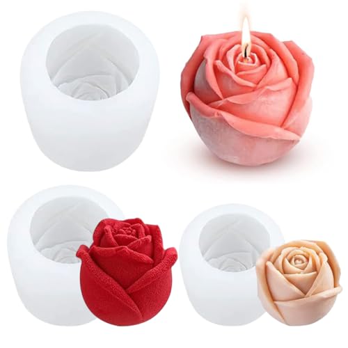 3 Pezzi Stampi in Silicone per Candele a Forma di Rose,Rose Fiori in Silicone 3D,Rose Stampi per Candele Stampi per Sapone,Rose Fiore Silicone Stampo,per Candele Profumate,Sapone,Cioccolato,Torta