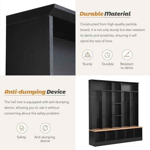 Image of Ball & Cast Wide Hall Tree with Storage Bench, 4-in-1 Entryway Shoe Cabinet with Cube Storage & Open Shelves, Coat Rack with 8 Hooks, Modern Minimalist Mudroom Organizer, Black