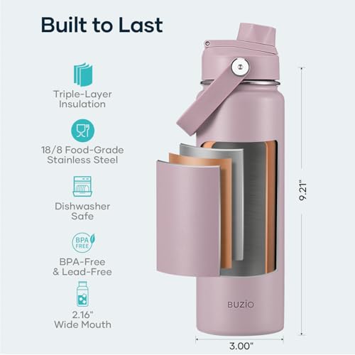Image of BUZIO 24 oz Insulated Stainless Steel Water Bottle with Straw & Spout Lids