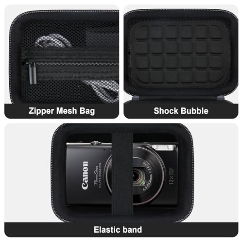 Image of Camera Case for Canon PowerShot ELPH 360 HS A, IXY 650 /ELPH 360 Camera Protective Case Storage Holder Travel Bag with Wrist Strap, Mesh Pocket for Battery Pack, USB Cable, Black