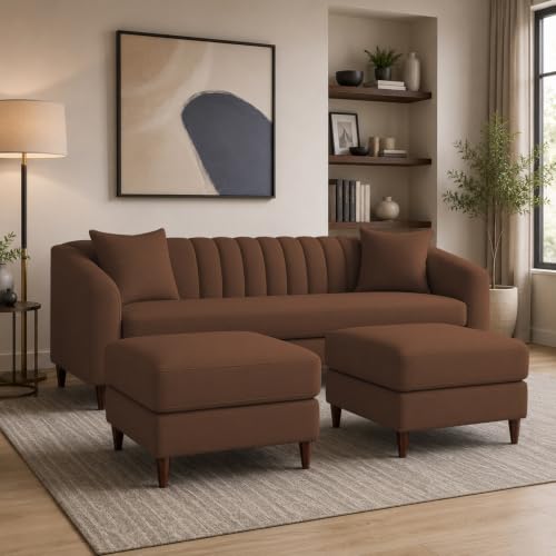 Image of Doraldo 3 Seater Sofa Set with 2 Ottoman for Living Room (Brown) Premium Fabric Sofa