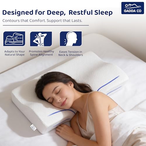 Image of GADDA CO Cervical Pillow for Neck & Shoulder Pain - Orthopedic Memory Foam Neck Support Pillow for Sleeping, Contour & Side Sleeper, Spondylitis Relief, Anti-Snoring - 20x12x2.5 Inch, White, Pack of 2