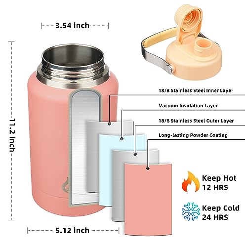 Image of BJPKPK 64oz Insulated Water Bottles, Dishwasher Safe Half gallon Water Bottle with Metal Handle, BPA Free Spout Lid & Detachable Bowl, Large Stainless Steel Jugs, Pink