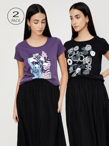 Image of Max Women's Cotton Regular Fit Graphic Printed T-Shirt - Pack of 2