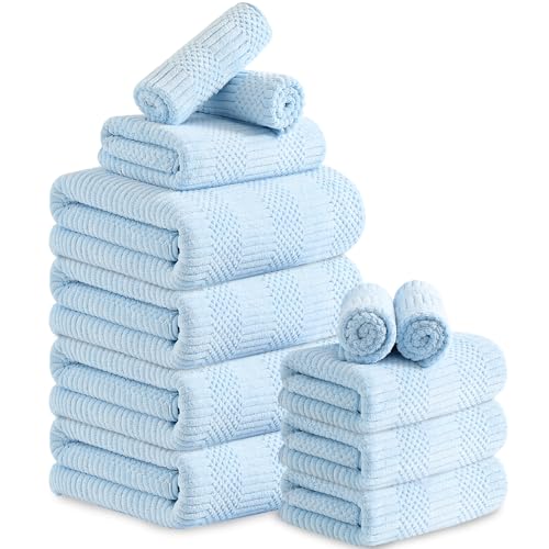 Belista Towel Set Pack of 12 Family Towels 4 Bath Towel 4 Hand Towels 4 Washcloths - MicrofiberTowels Quick Dry Soft Bathroom Towel for Hotel -Light Blue