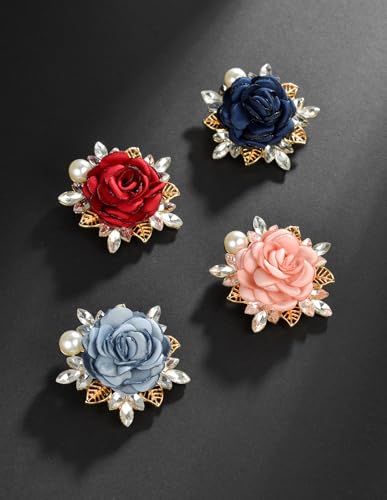 Image of 4Pcs Rose Flower Brooch Pin Handmade Crystal Pearl Fabric Flower Boutonniere Lapel Pin Wedding Party Dance Dress Suit Clothing Accessories for Women Pink Red Blue Grey Color