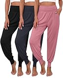 Ficerd 3 Pack Women's Lounge Pants, Cozy Yoga Joggers with Pockets High Waisted Workout Sweatpants Lightweight Comfy Pants(Large,Black, Dark Gray, Pink)