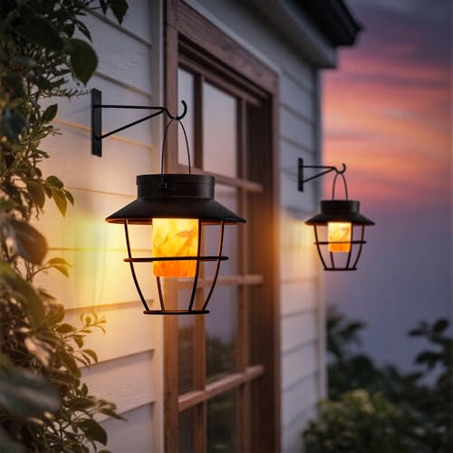 Solar Lanterns Outdoor, Solar Flame Lights Outdoor Dancing Flame Hanging Lantern Waterproof Hanging Lights Lanterns Decorative Patio Deck Yard Garden (2 Pack)