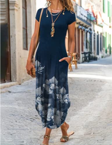 Image of Women Summer Casual Maxi Dress Floral Printed Loose Pockets Short Sleeve Split Boho Dresses