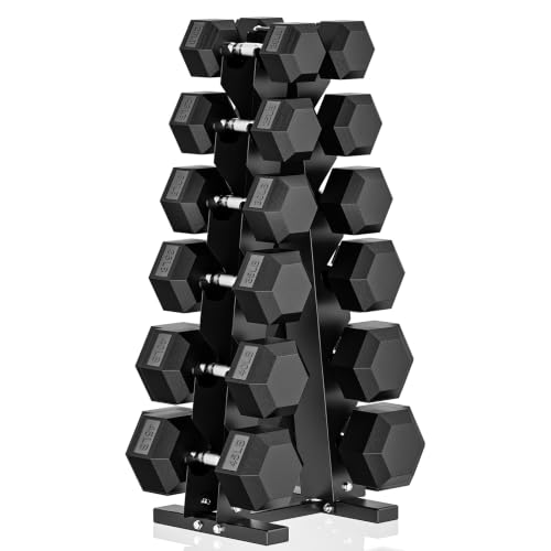 Image of PAPABABE 150-600lb Dumbbell Set with Rack, Rubber Encased Home Gym | Antiroll Durable Cast Iron Core Odorless PVC Free Weights, with 5 /6 Tier Rack