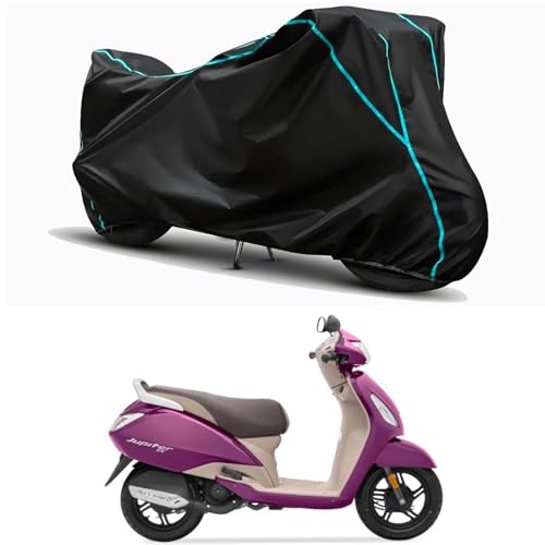 Image of Waterproof Bike Body Cover Compatible for | TVS Jupiter ZX | Taffeta Fabric, Sky Piping Design, Bottom Elastic Fit | Dustproof, Sun UV & Rain Protection for All Weather.