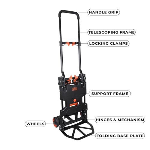 Image of BLACK+DECKER ‎BXWT-H206-SP 2-in-1 Folding Handtruck, 55 /120kg(Handtruck /Platform) Load Capacity, Weight 7.3kg, Black & Orange, Open Dimn: 78x45x92 cm, Folded Dimn: 38.9x11.7x64.3 cm