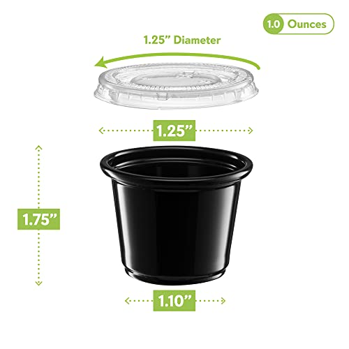 Image of {1 oz - 100 Sets} Black Diposable Plastic Portion Cups With Lids, Small Mini Containers For Portion Controll, Jello Shots, Meal Prep, Sauce Cups, Slime, Condiments, Medicine, Dressings, Crafts, Disposable Souffle Cups & Much more