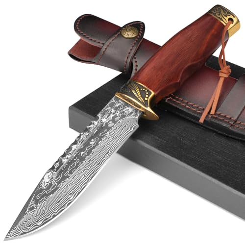 DRACHENADER Cuchillo de Supervivencia de Damasco – Acero Damasco VG10 de 67 capas, forjado a mano, hoja fija de 14,7 cm, cuchillo outdoor de supervivencia con funda de cuero