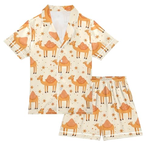 ALAZA Cute Camel Star Orange Satin Pajamas Set Short Sleeve Button Down Sleepwear Summer Pjs 2 Piece