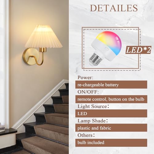 Image of ADISUN Wall Sconces Sets of 2 RGB Battery Operated Wall Sconces for Bedroom Dresser Classic Golden Wall Lamp with Remote for Living Room Bathroom Dining Room Corridor Staircase (4 Bulbs Included)