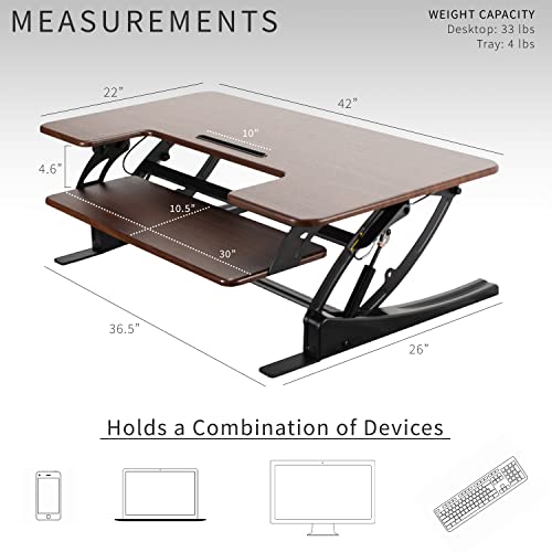 Image of VIVO Dark Walnut 42 inch Standing Desk Converter, DESK-V000VLD | Height Adjustable, Stand Up Desk Riser, Wide Keyboard Tray, Dual Monitor and Laptop Workstation, Black Frame, V Series