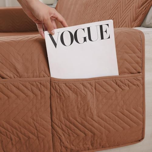 Image of HOKIPO 3 Seater Quilted Sofa Cover with Pockets, Brown (NEW3-803-BRN)